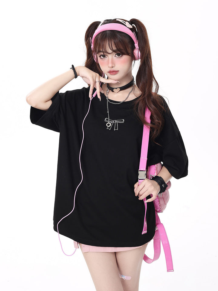 Coquette Ribbon Lace-Up Oversized T-Shirt