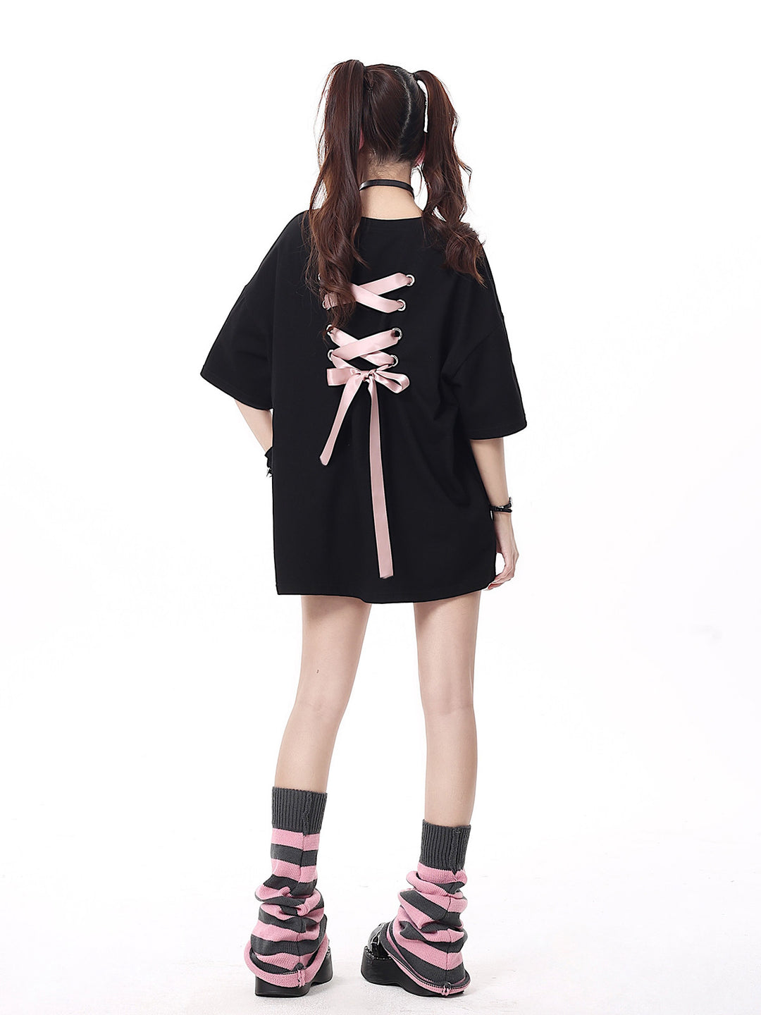 Coquette Ribbon Lace-Up Oversized T-Shirt