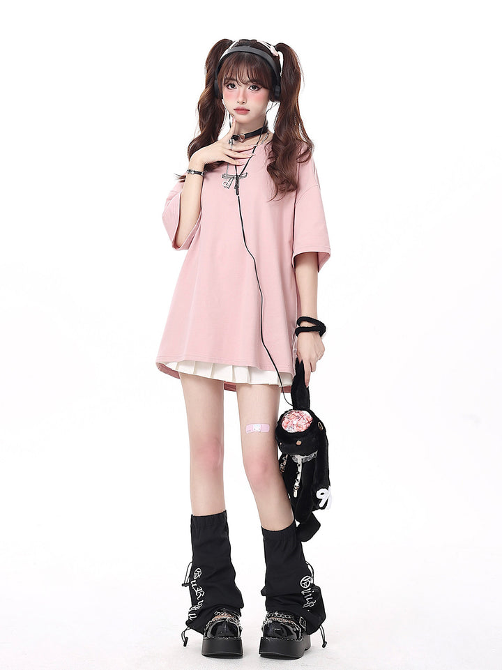 Coquette Ribbon Lace-Up Oversized T-Shirt