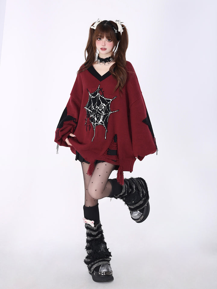 Gothic Spiderweb Distressed Sweater