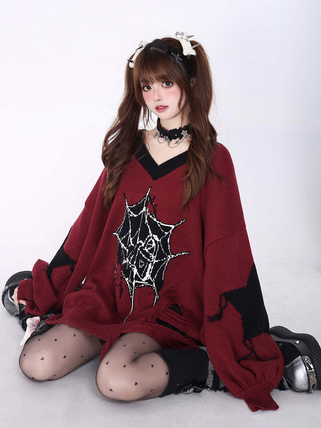 Gothic Spiderweb Distressed Sweater