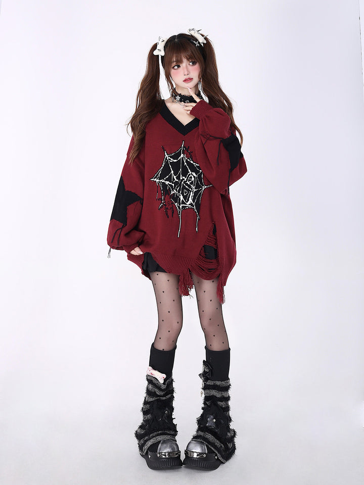 Gothic Spiderweb Distressed Sweater
