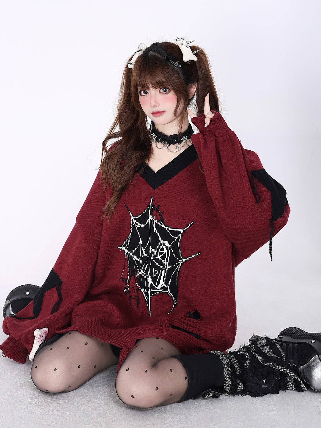 Gothic Spiderweb Distressed Sweater