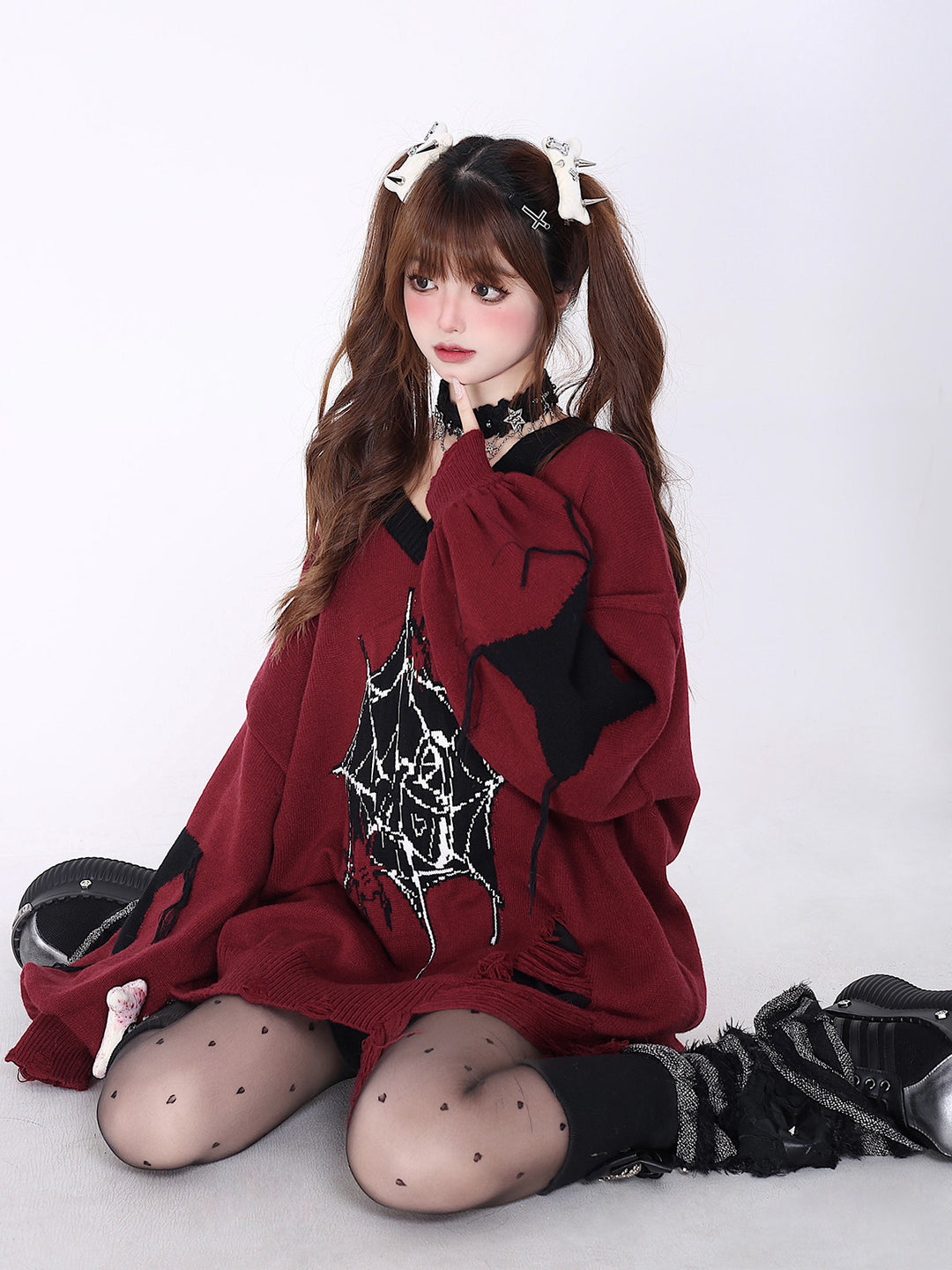 Gothic Spiderweb Distressed Sweater