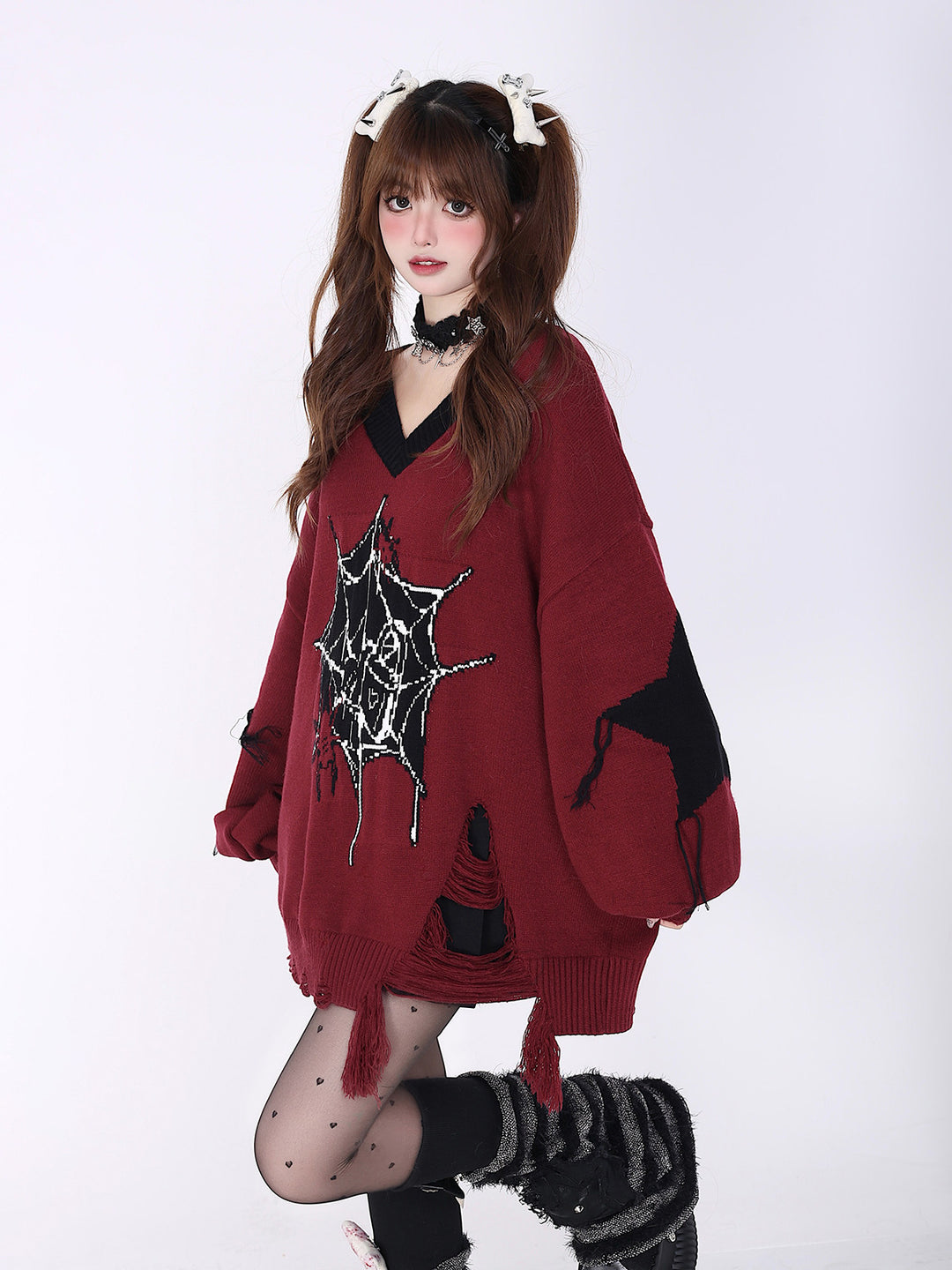Gothic Spiderweb Distressed Sweater