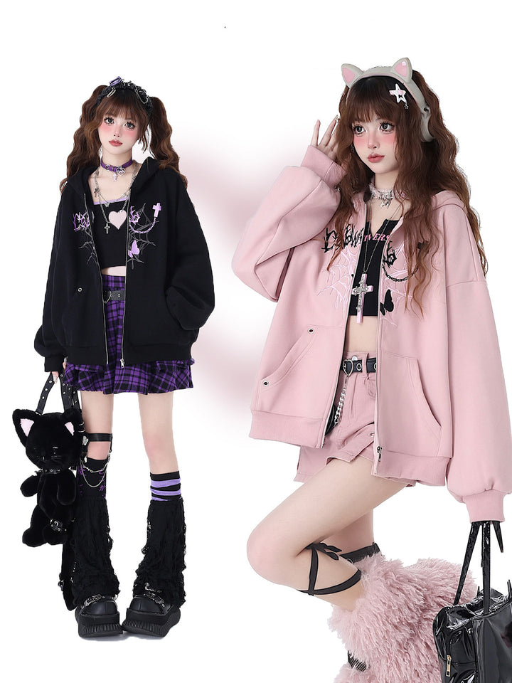 Gothic Butterfly Graphic Zip-Up Hoodie