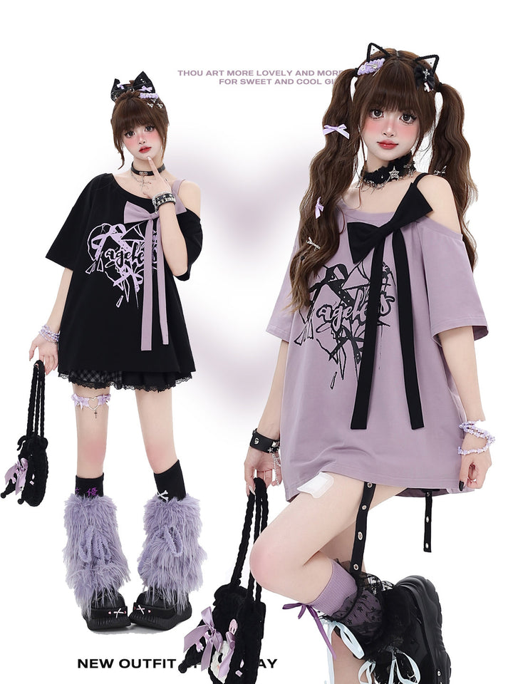 Bow Off-Shoulder Graphic T-Shirt