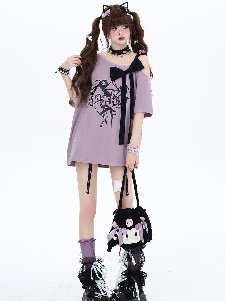 Bow Off-Shoulder Graphic T-Shirt