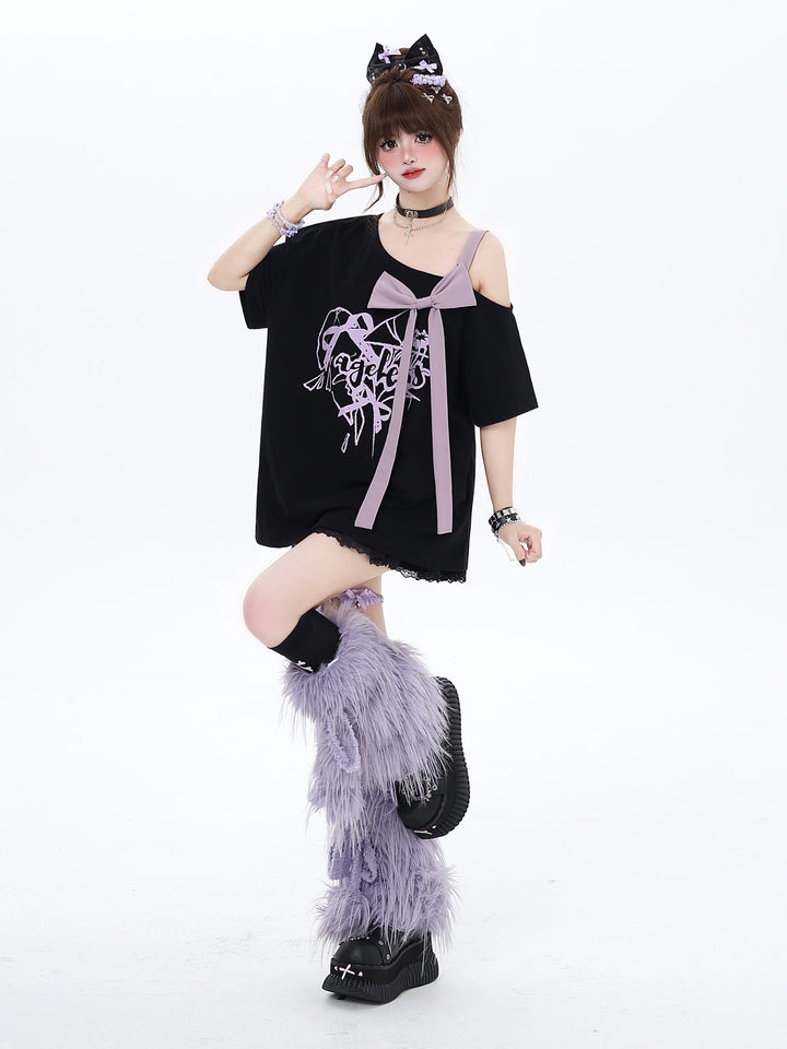 Bow Off-Shoulder Graphic T-Shirt