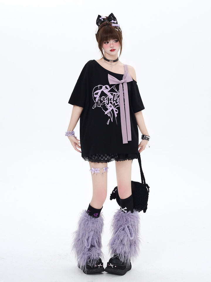 Bow Off-Shoulder Graphic T-Shirt