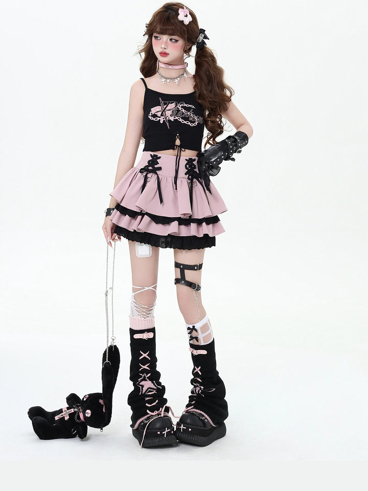 Y2K Lace-Up Tiered Mini Skirt