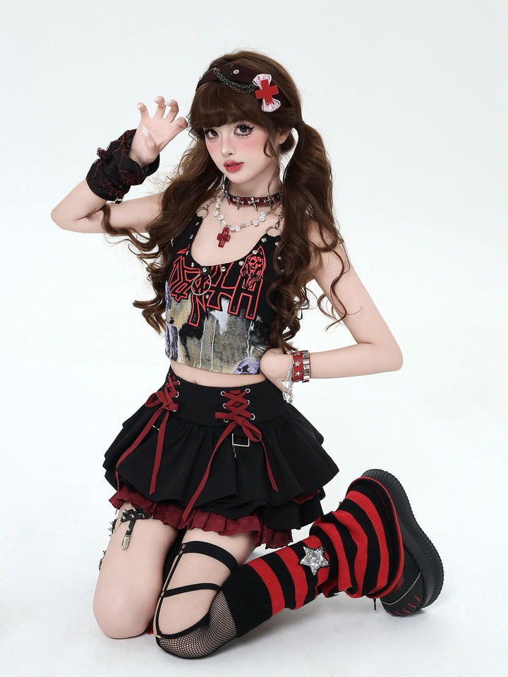 Y2K Lace-Up Tiered Mini Skirt