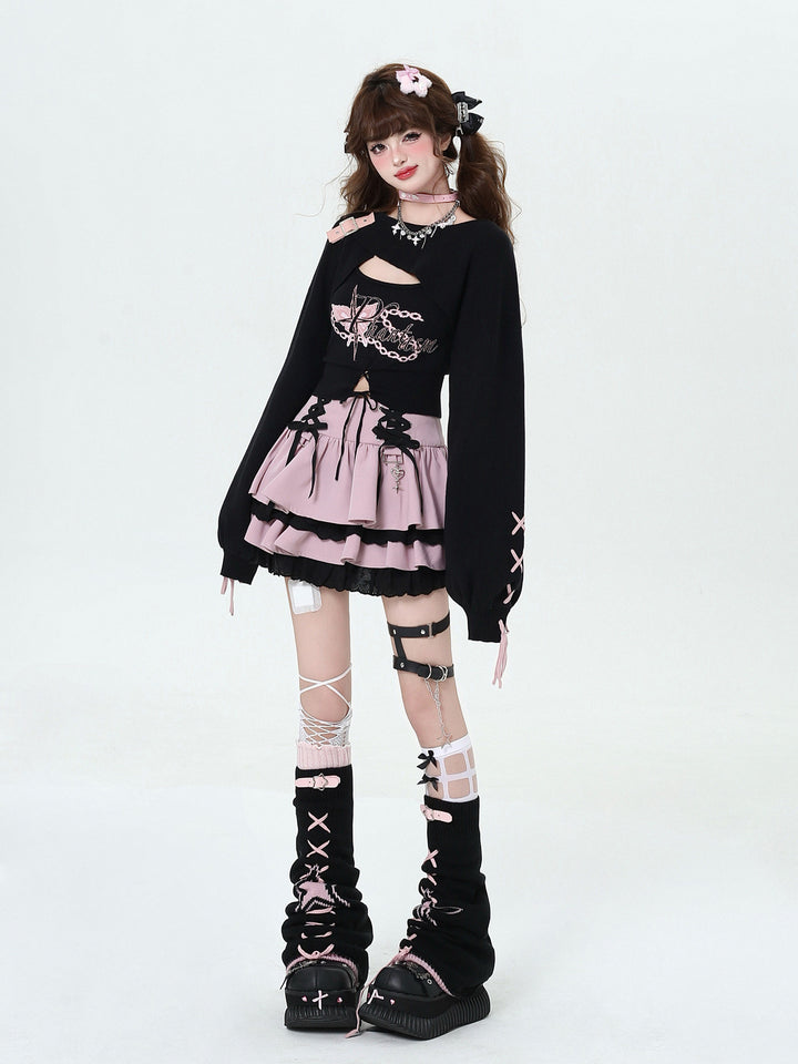 Y2K Lace-Up Tiered Mini Skirt