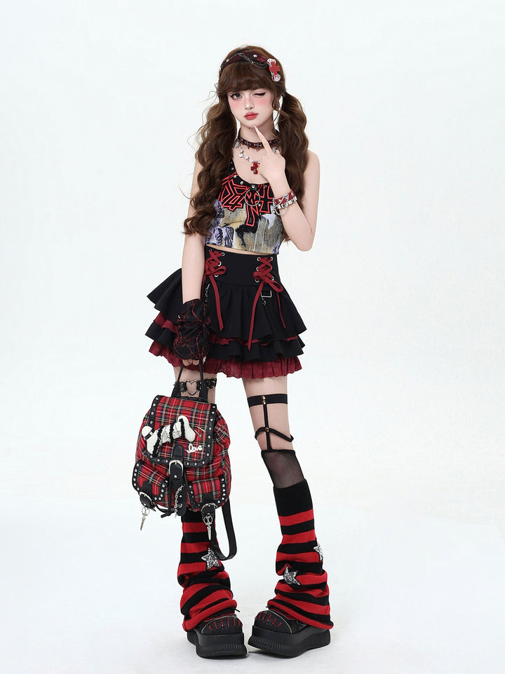 Y2K Lace-Up Tiered Mini Skirt