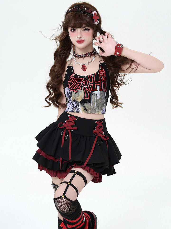 Y2K Lace-Up Tiered Mini Skirt