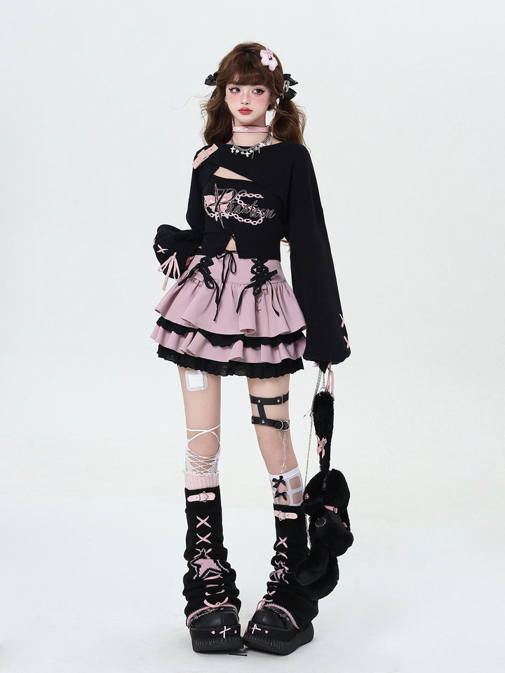 Y2K Lace-Up Tiered Mini Skirt