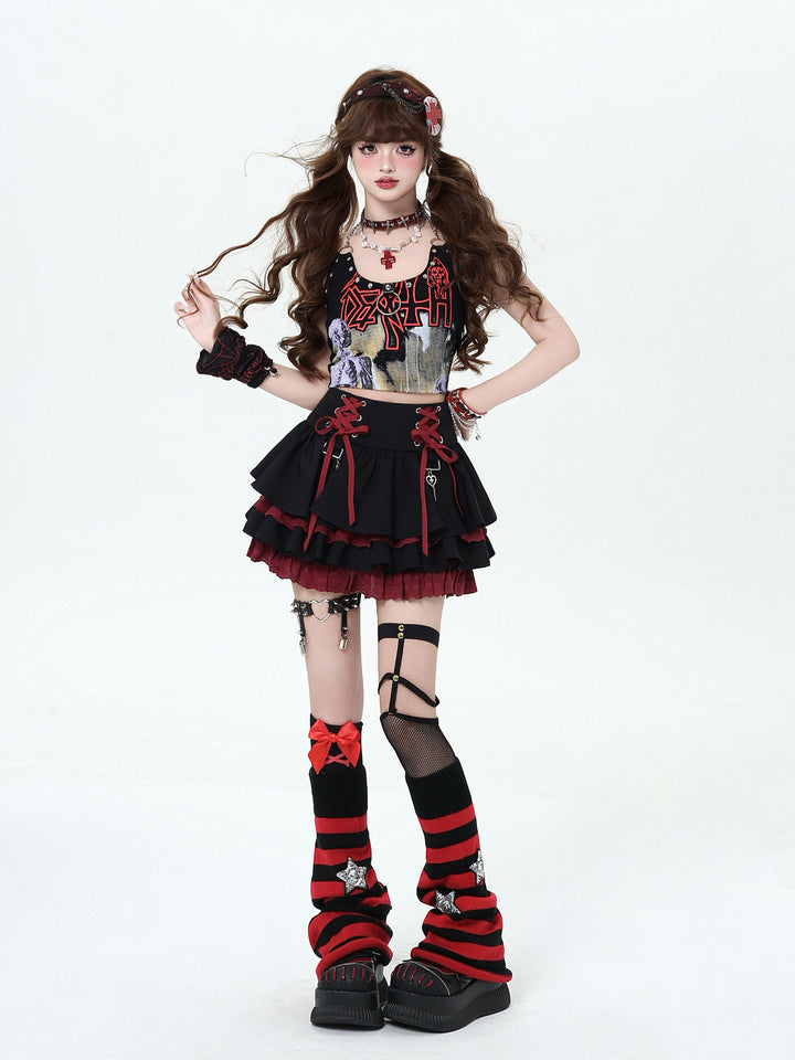 Y2K Lace-Up Tiered Mini Skirt