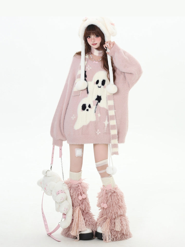 Kawaii Ghost Graphic Fuzzy Sweater