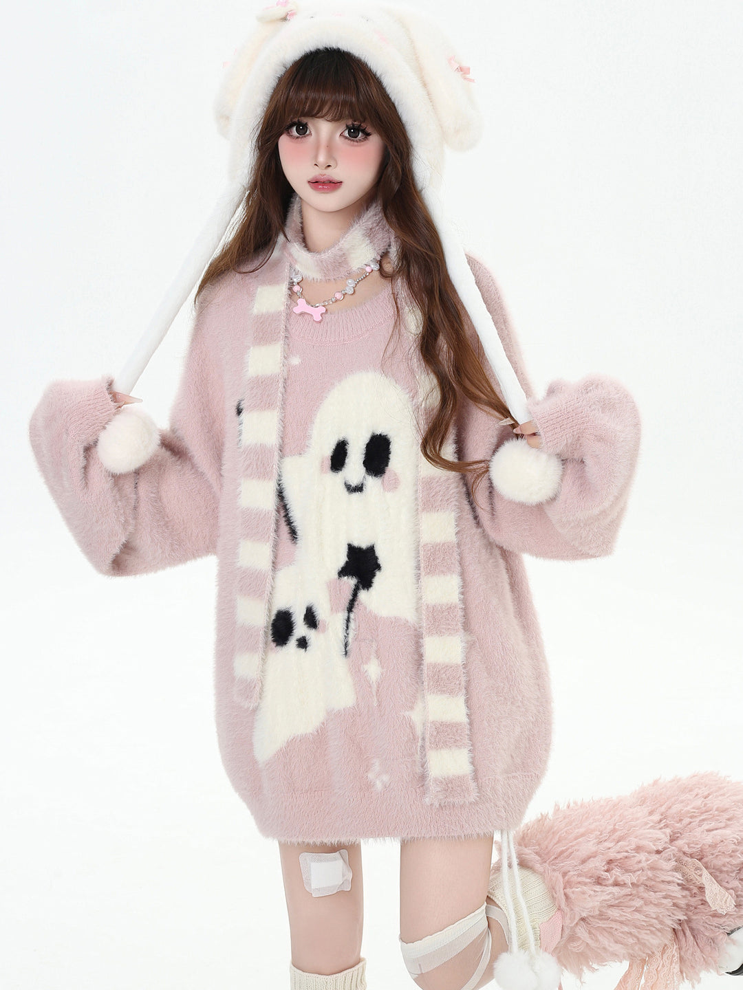 Kawaii Ghost Graphic Fuzzy Sweater