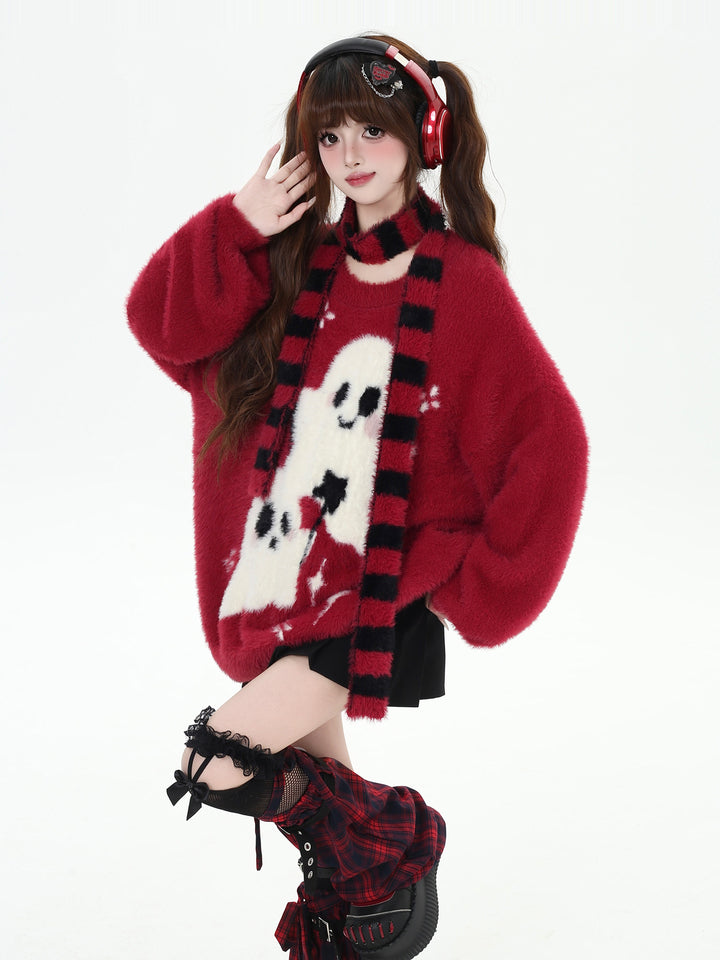 Kawaii Ghost Graphic Fuzzy Sweater