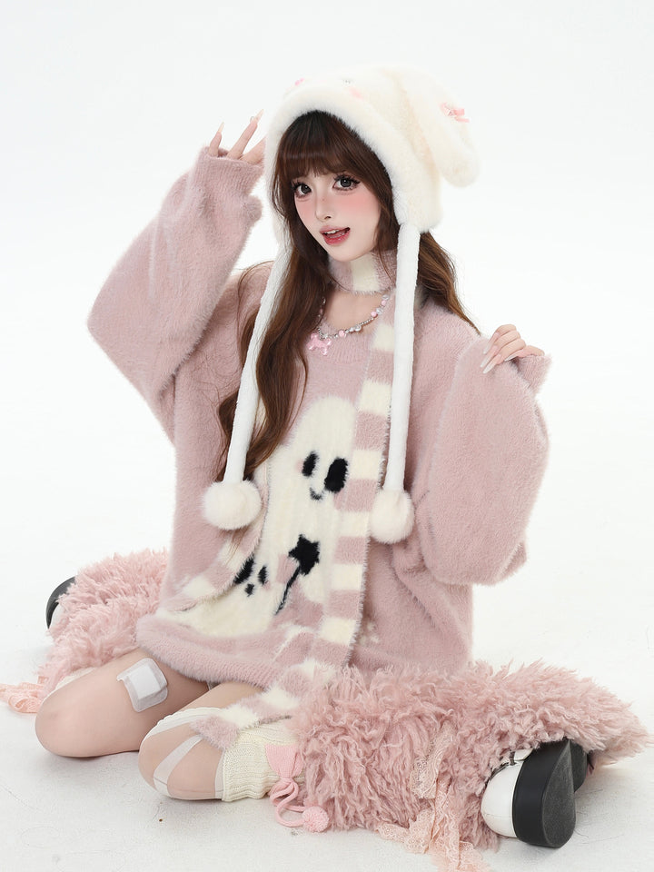 Kawaii Ghost Graphic Fuzzy Sweater