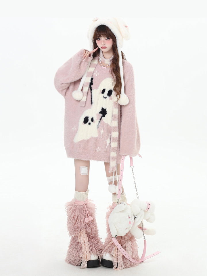 Kawaii Ghost Graphic Fuzzy Sweater