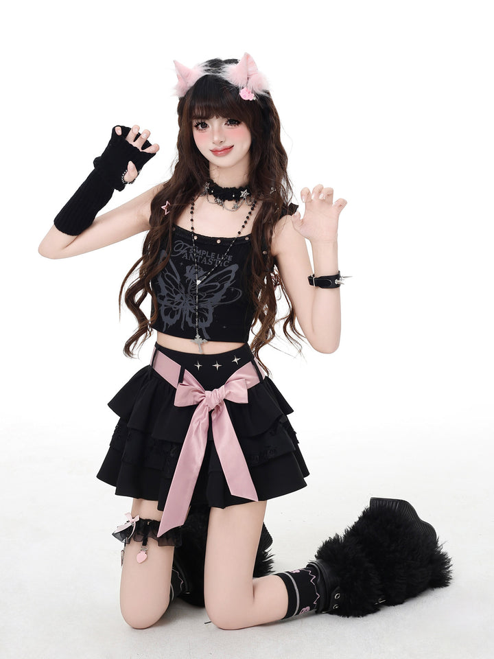 Jirai Kei Bow Tiered Mini Skirt