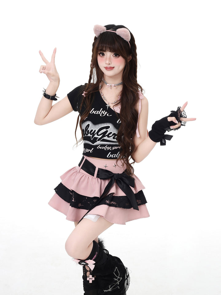 Jirai Kei Bow Tiered Mini Skirt