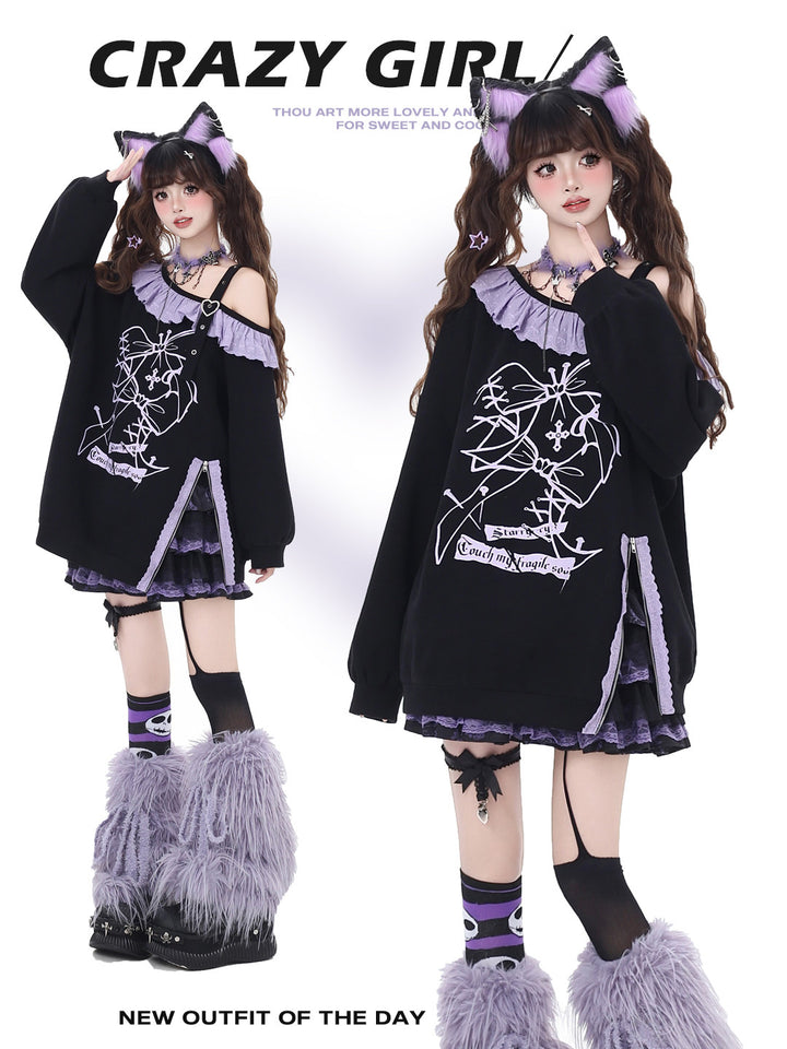 Gothic Off-Shoulder Graphic Sweatshirt