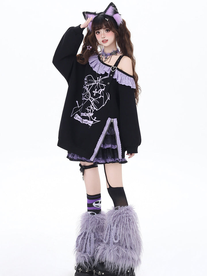 Gothic Off-Shoulder Graphic Sweatshirt