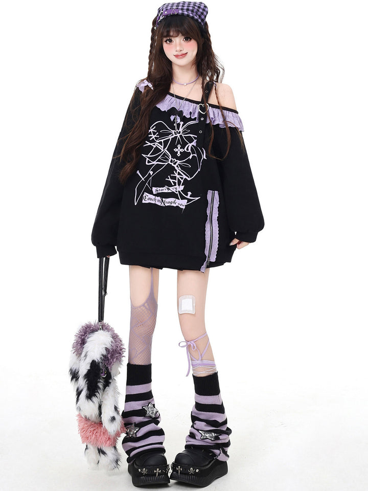 Gothic Off-Shoulder Graphic Sweatshirt