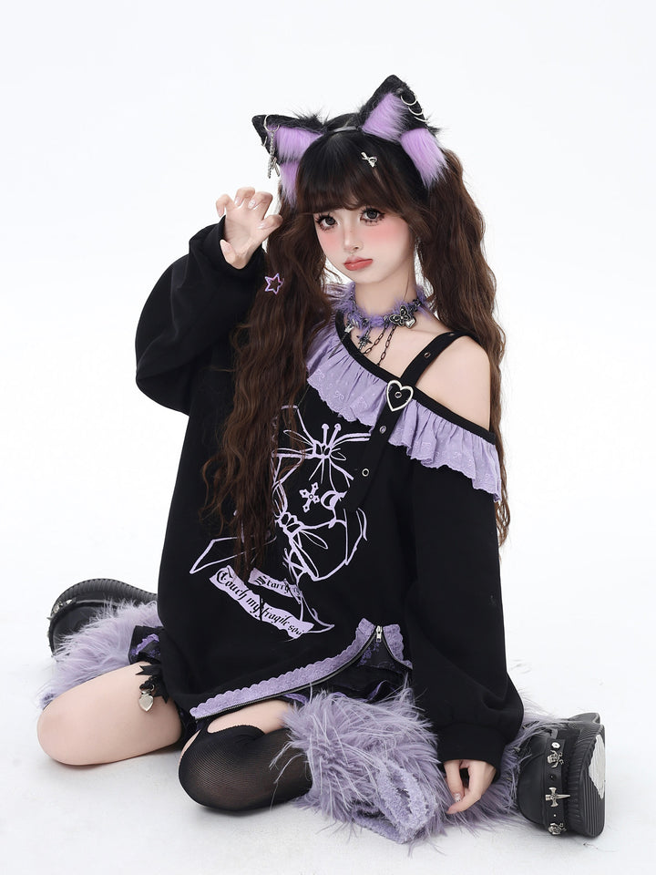 Gothic Off-Shoulder Graphic Sweatshirt
