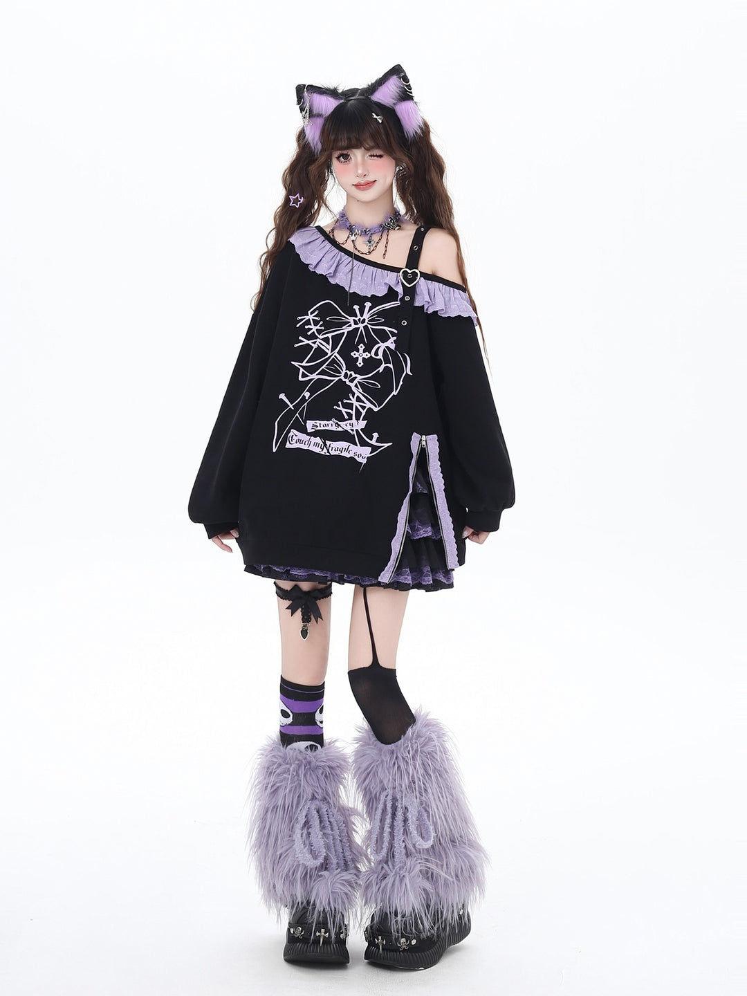 Gothic Off-Shoulder Graphic Sweatshirt