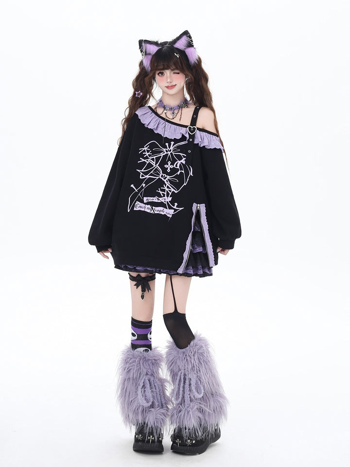 Gothic Off-Shoulder Graphic Sweatshirt