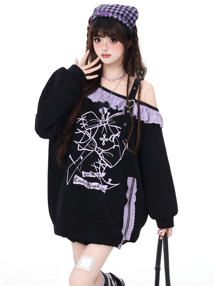 Gothic Off-Shoulder Graphic Sweatshirt