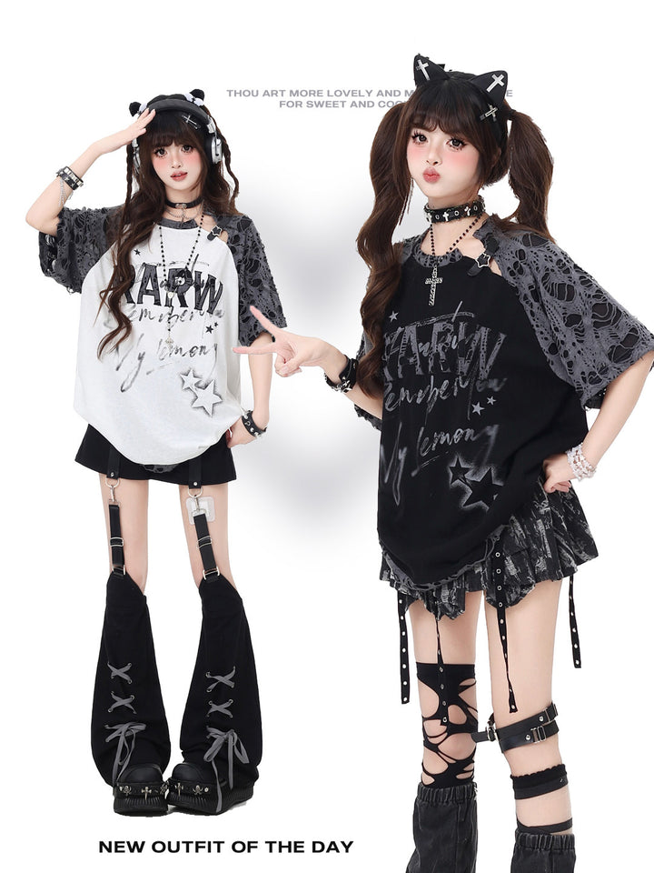 Grunge Star Lace-Sleeve T-Shirt