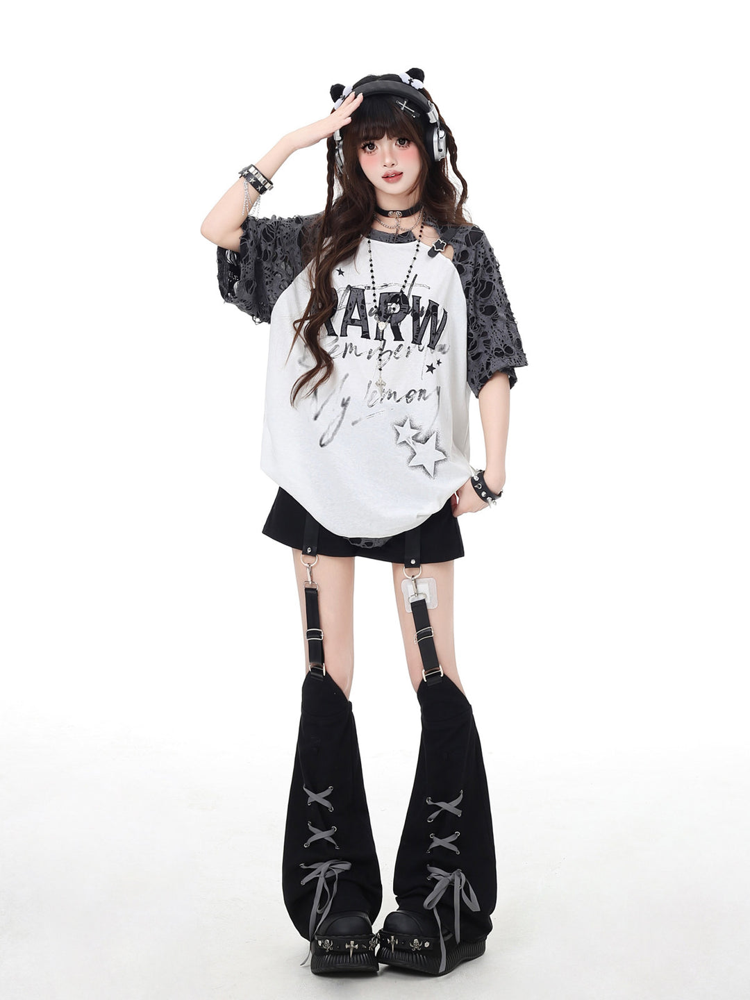 Grunge Star Lace-Sleeve T-Shirt