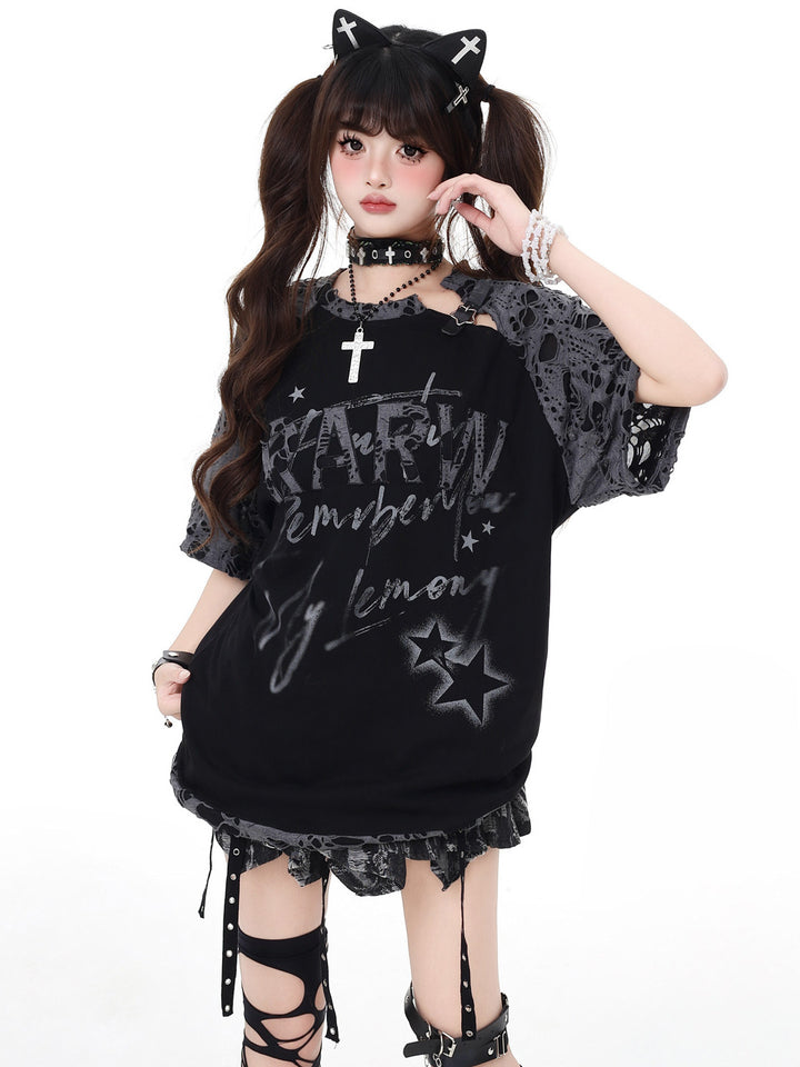 Grunge Star Lace-Sleeve T-Shirt
