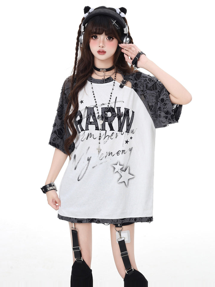 Grunge Star Lace-Sleeve T-Shirt