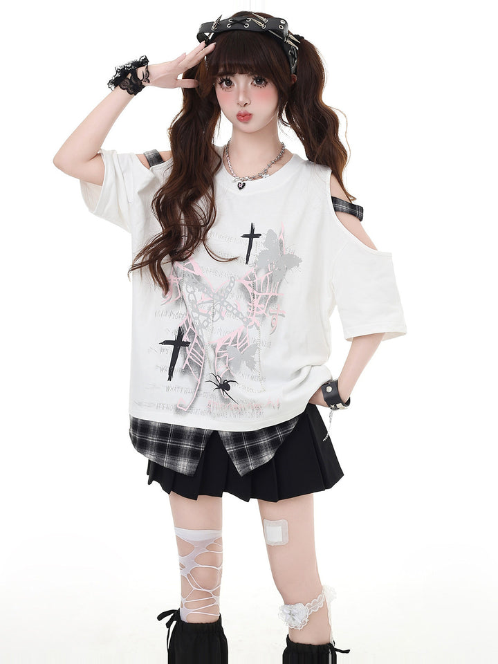 Punk Plaid Cold Shoulder T-Shirt