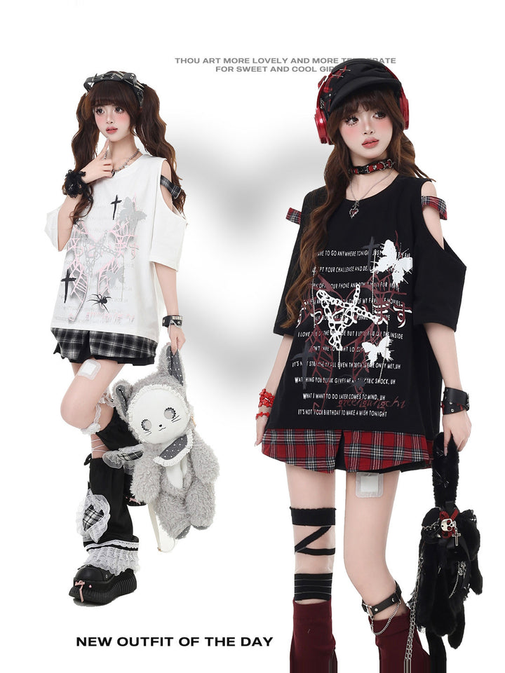Punk Plaid Cold Shoulder T-Shirt