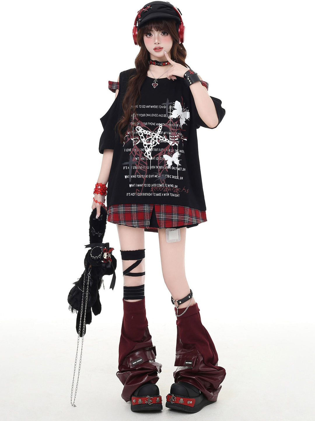 Punk Plaid Cold Shoulder T-Shirt