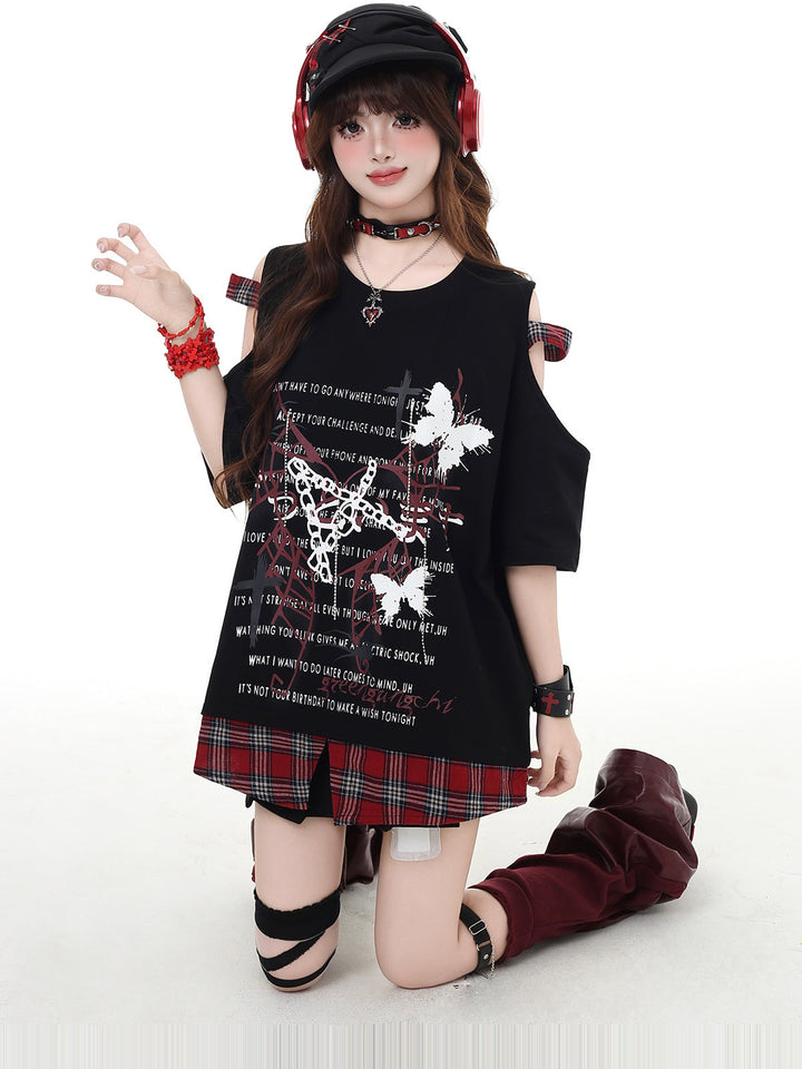 Punk Plaid Cold Shoulder T-Shirt