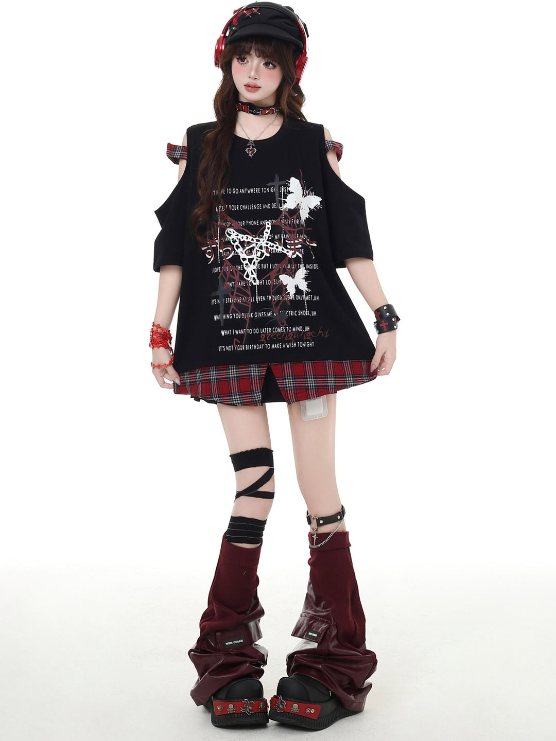Punk Plaid Cold Shoulder T-Shirt