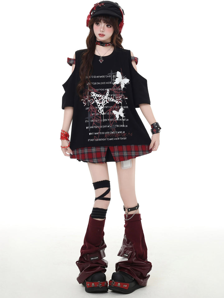 Punk Plaid Cold Shoulder T-Shirt