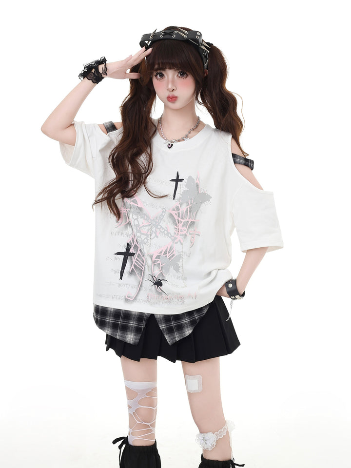 Punk Plaid Cold Shoulder T-Shirt