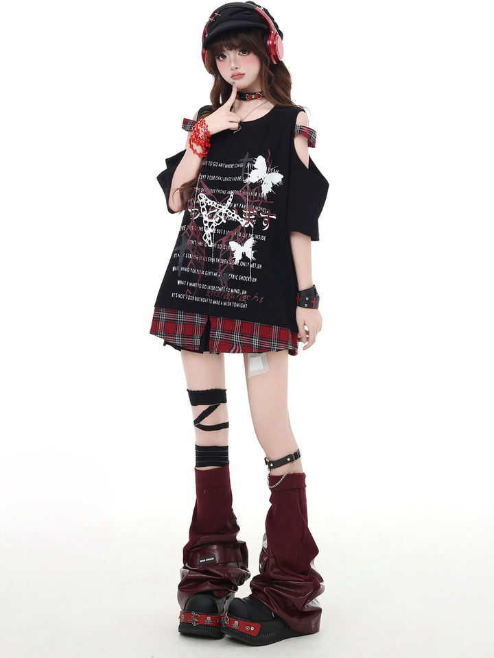 Punk Plaid Cold Shoulder T-Shirt