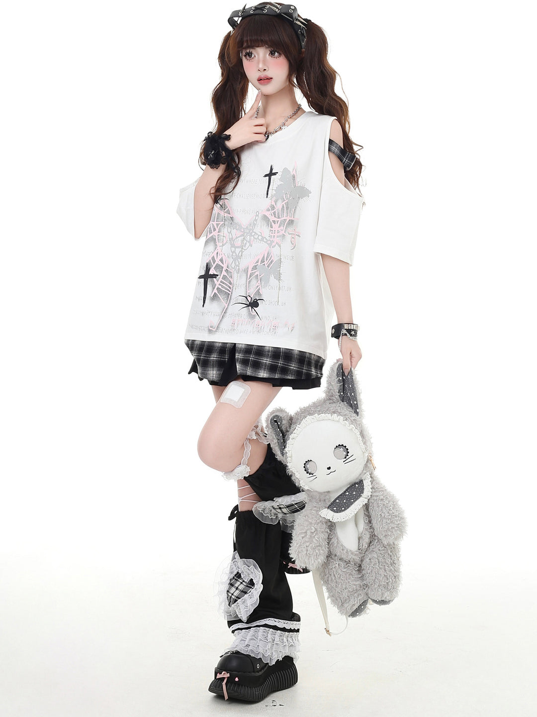 Punk Plaid Cold Shoulder T-Shirt