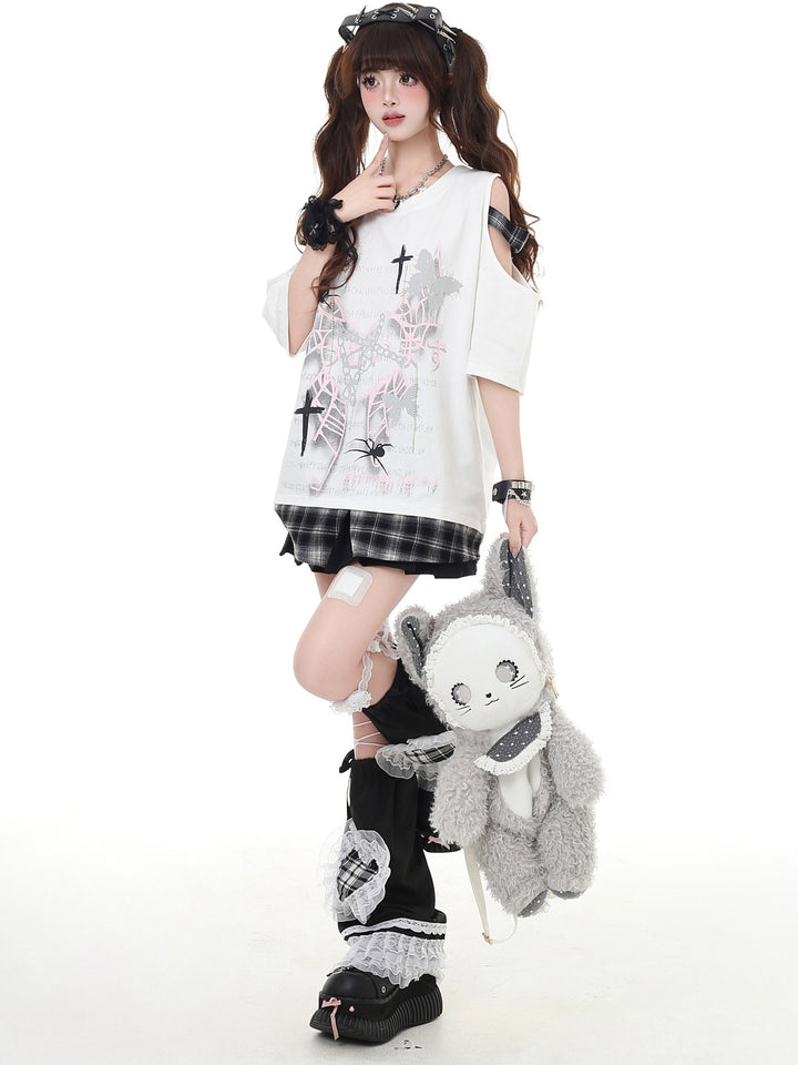 Punk Plaid Cold Shoulder T-Shirt