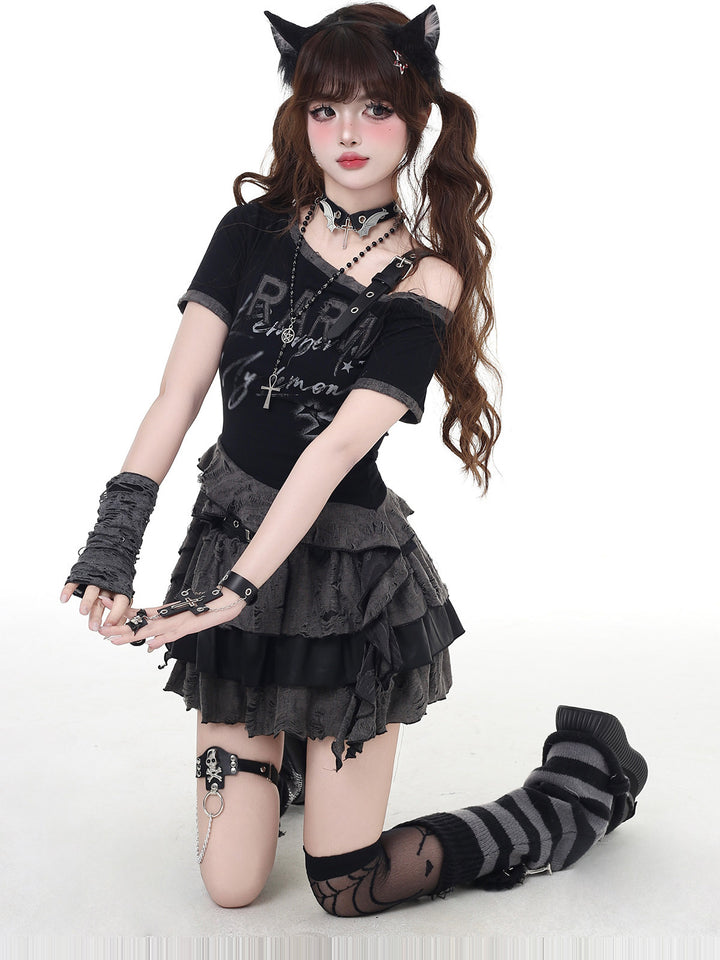 Gothic Off-Shoulder Graphic Baby Tee